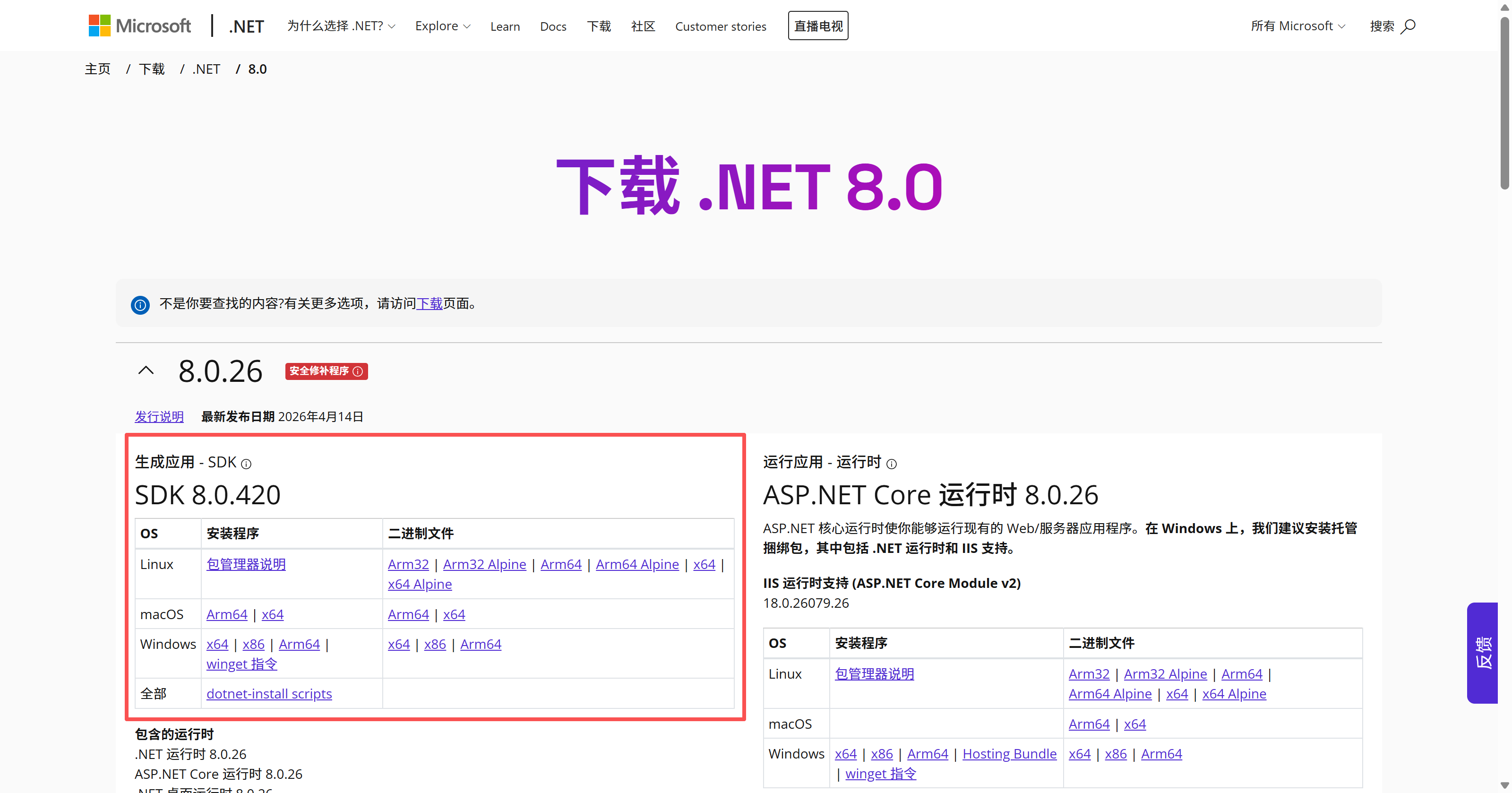 .NET 8 SDK官方下载页面截图，红框标示SDK下载项